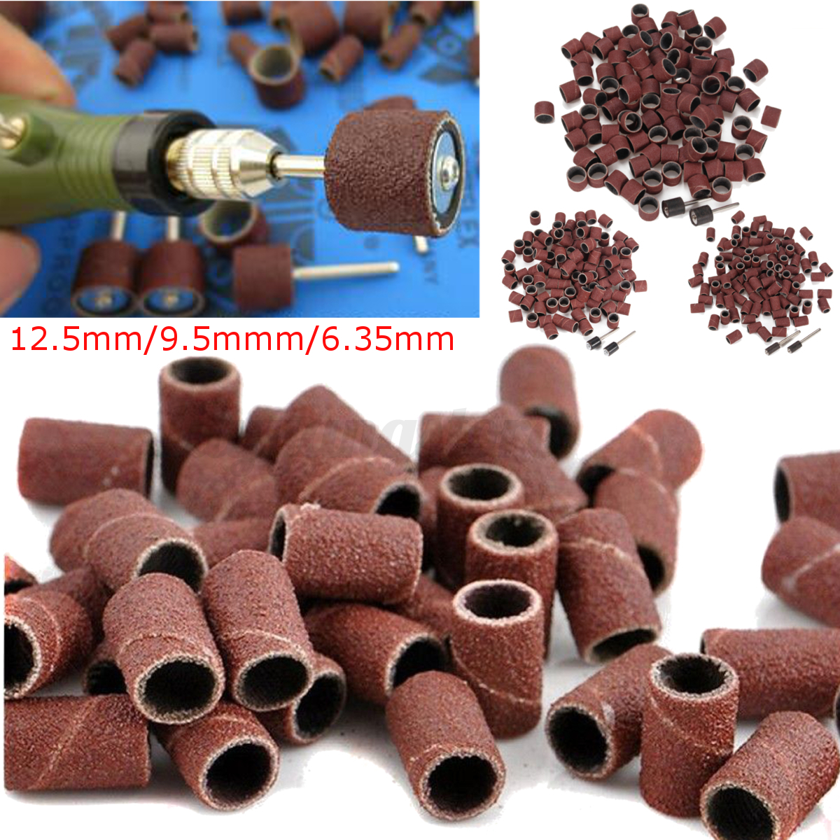 100pcs 6.35mm 1//4 Sanding Bands Sleeves /& 2 Mandrels For Rotary Tools