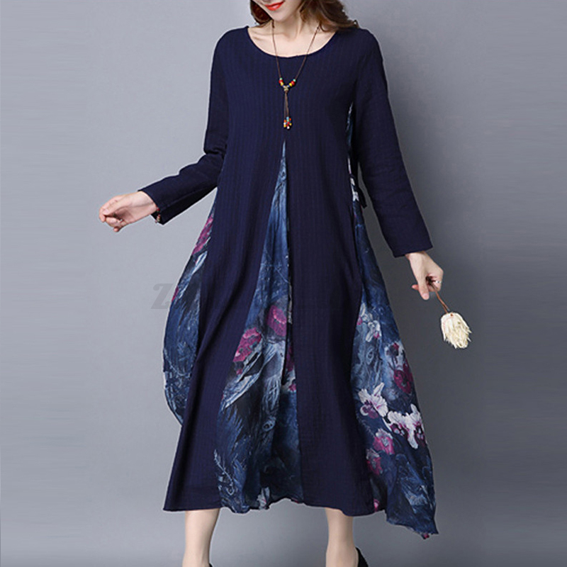Vintage-Women-Floral-Print-Long-Shirt-Dress-Ethnic-