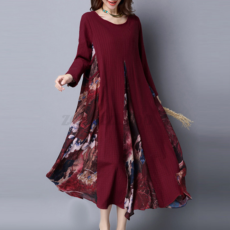Vintage-Women-Floral-Print-Long-Shirt-Dress-Ethnic-