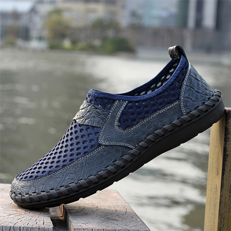 Men-039-s-Driving-Slip-on-Loafers-Leather-Summer-Breathable-Mesh-Casual