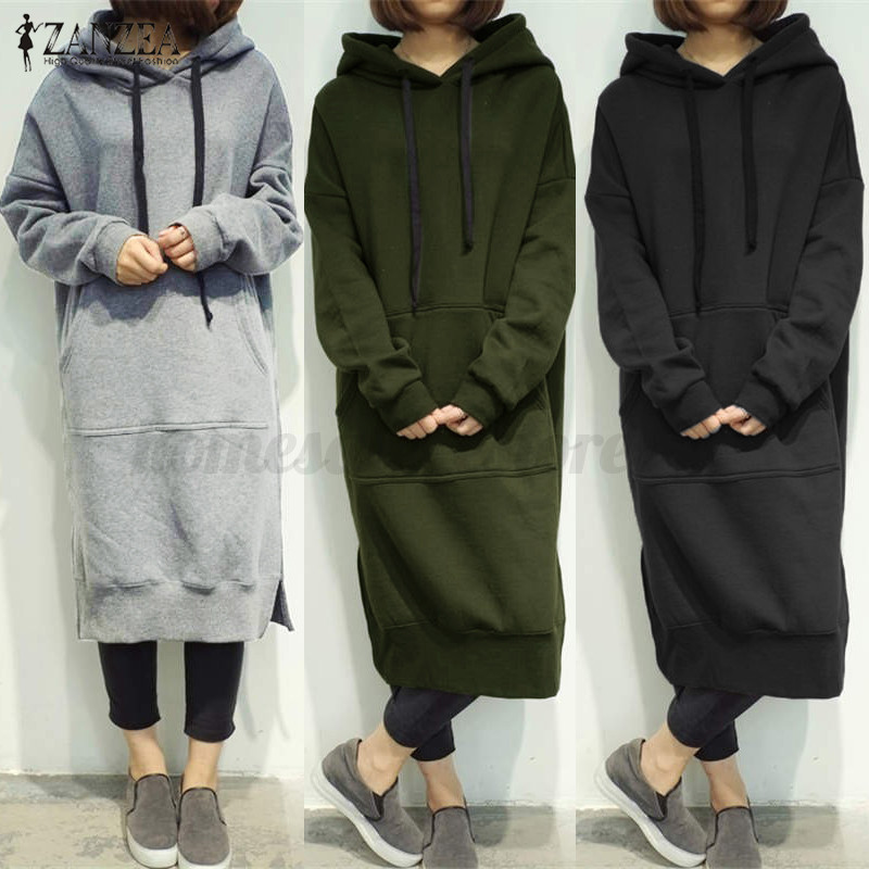 Fashion Women Long Sleeve Loose Hoodies Fleece Shirt Dress Hooded Long